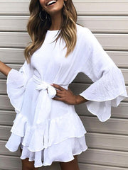 Jewel Neck Cotton Flared Sleeve Sash Ruffles Layered Flared Dress