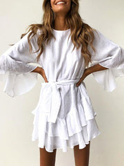 Jewel Neck Cotton Flared Sleeve Sash Ruffles Layered Flared Dress