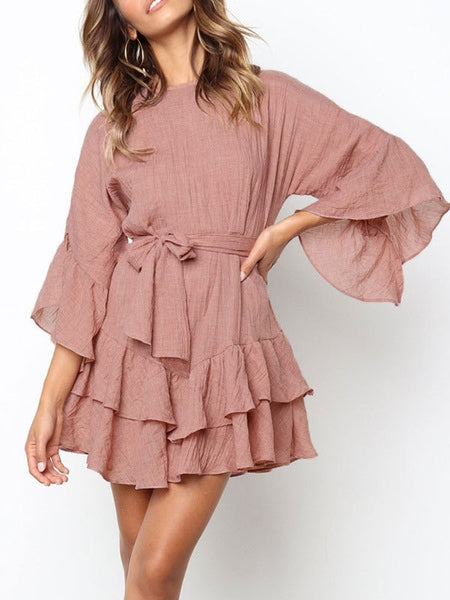 Jewel Neck Cotton Flared Sleeve Sash Ruffles Layered Flared Dress