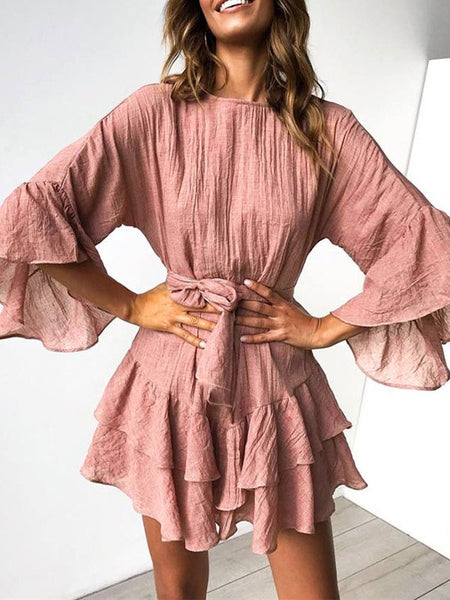Jewel Neck Cotton Flared Sleeve Sash Ruffles Layered Flared Dress