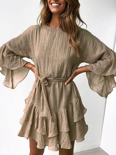 Jewel Neck Cotton Flared Sleeve Sash Ruffles Layered Flared Dress