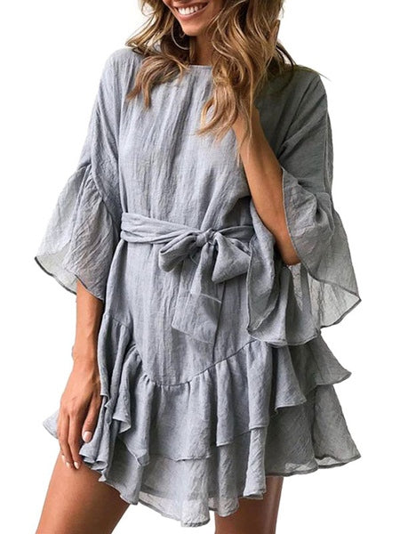 Jewel Neck Cotton Flared Sleeve Sash Ruffles Layered Flared Dress