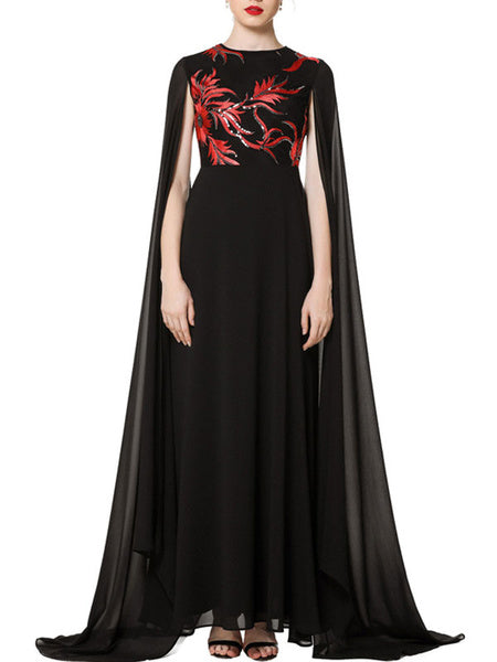 Jewel Neck Embroidered Long Sleeves Printed Layered Semi Formal Dress