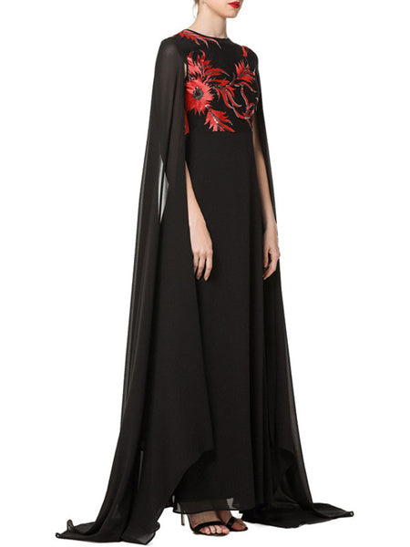 Jewel Neck Embroidered Long Sleeves Printed Layered Semi Formal Dress