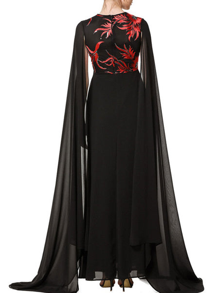 Jewel Neck Embroidered Long Sleeves Printed Layered Semi Formal Dress