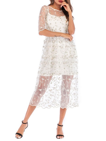 Jewel Neck Floral Print Beach Dress