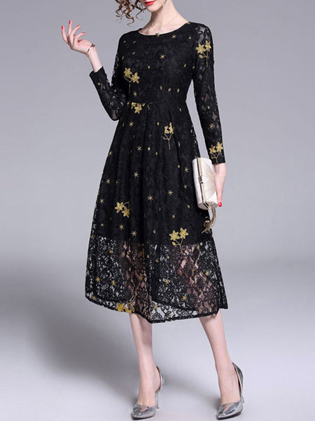 Jewel Neck Long Sleeves Printed Fit And Flare Dresses