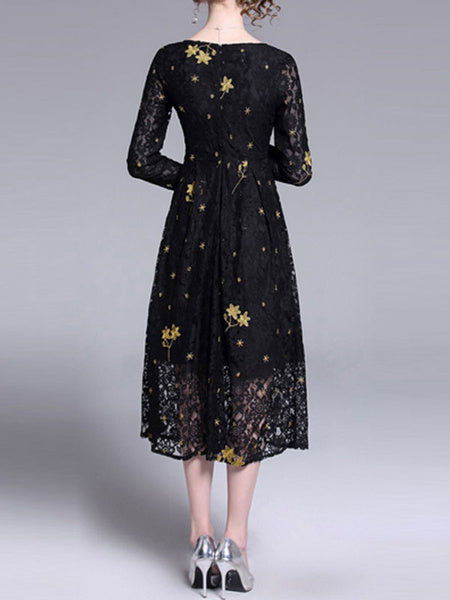 Jewel Neck Long Sleeves Printed Fit And Flare Dresses