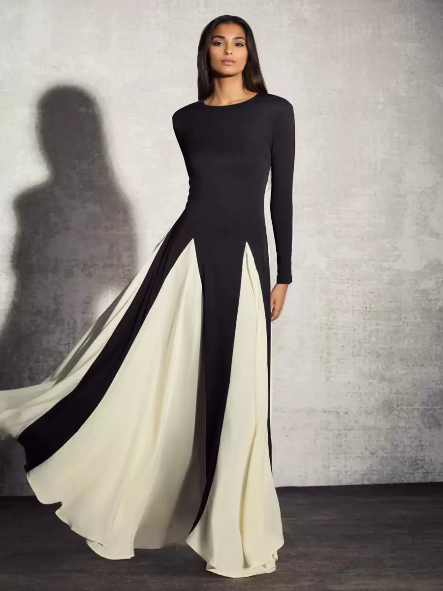 Jewel Neck Long Sleeves Two-Tone Semi Formal Party Dress
