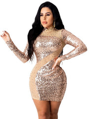 Jewel Neck Sequins Long Sleeves Polyester Bodycon Club Dress