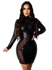 Jewel Neck Sequins Long Sleeves Polyester Bodycon Club Dress
