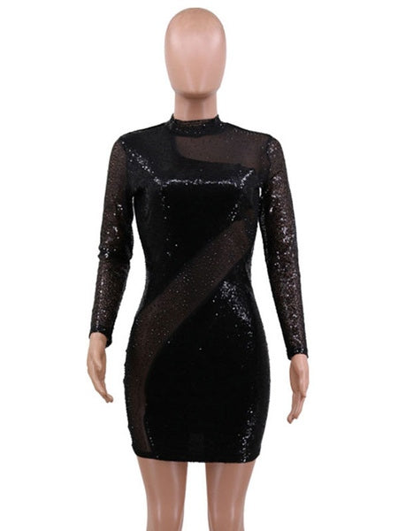Jewel Neck Sequins Long Sleeves Polyester Bodycon Club Dress