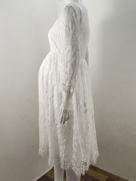 Jewel Neck Sleeveless Lace Embroidered Casual Maternity Dress