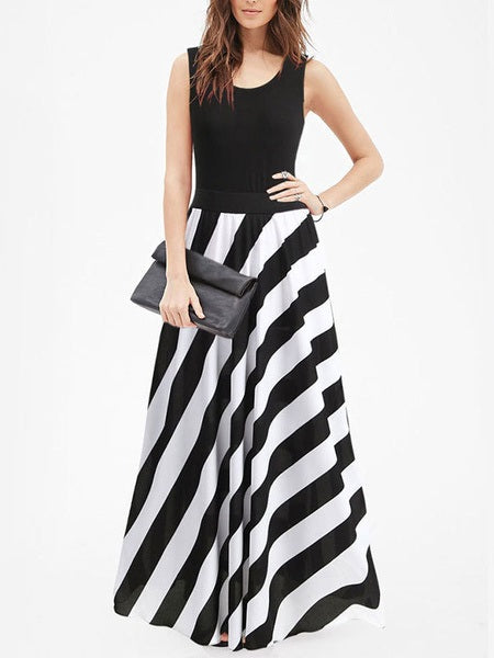 Jewel Neck Stripe Sleeveless Maxi Dress