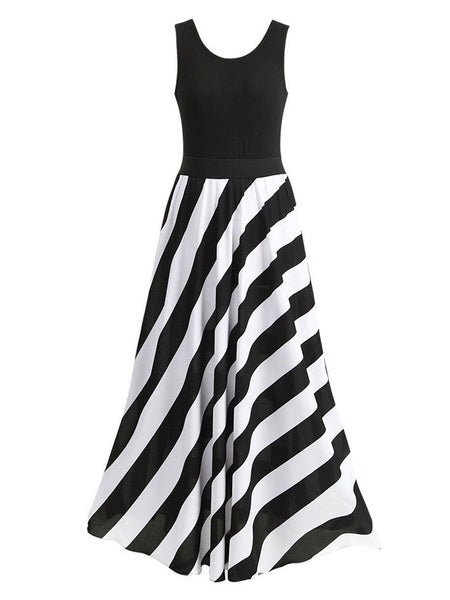 Jewel Neck Stripe Sleeveless Maxi Dress