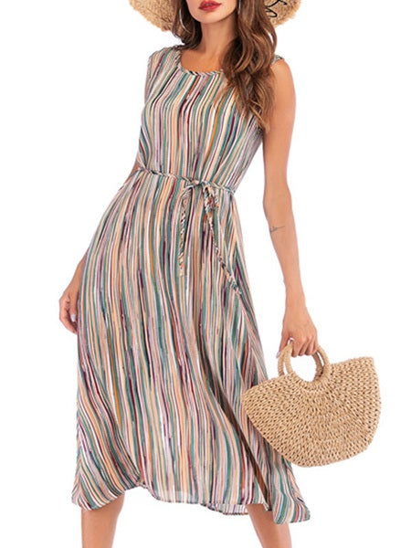 Jewel Neck Stripes Beach Dress