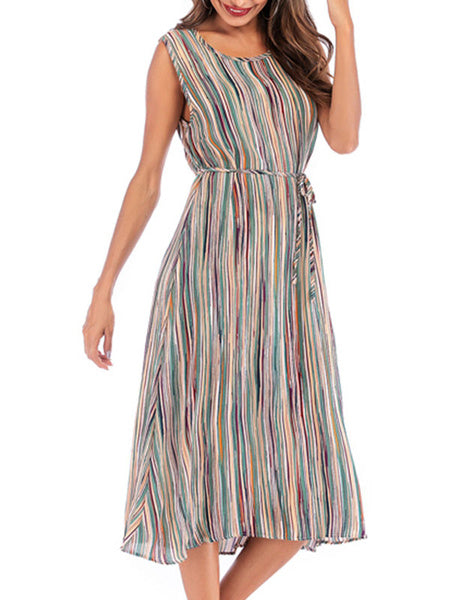 Jewel Neck Stripes Chiffon Beach Dress