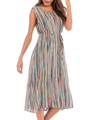 Jewel Neck Stripes Chiffon Beach Dress