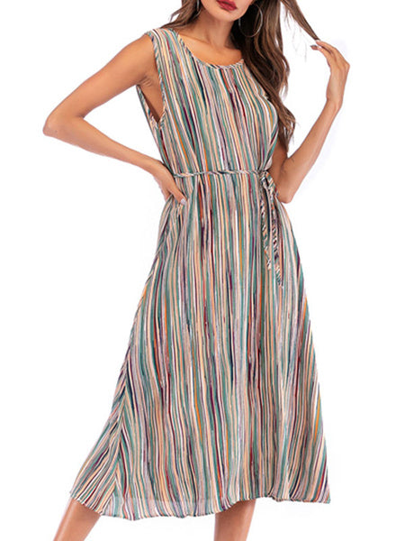 Jewel Neck Stripes Chiffon Beach Dress