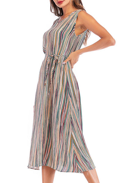 Jewel Neck Stripes Chiffon Beach Dress