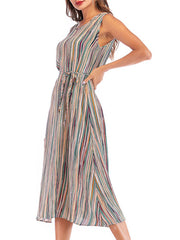 Jewel Neck Stripes Chiffon Beach Dress