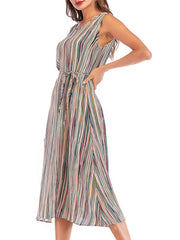Jewel Neck Stripes Beach Dress