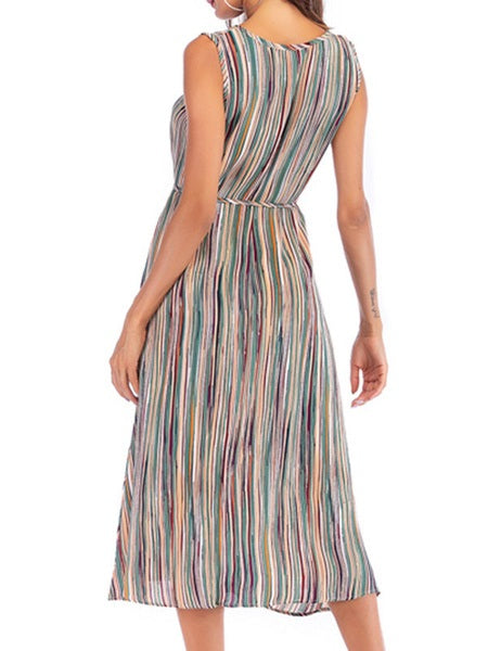 Jewel Neck Stripes Beach Dress