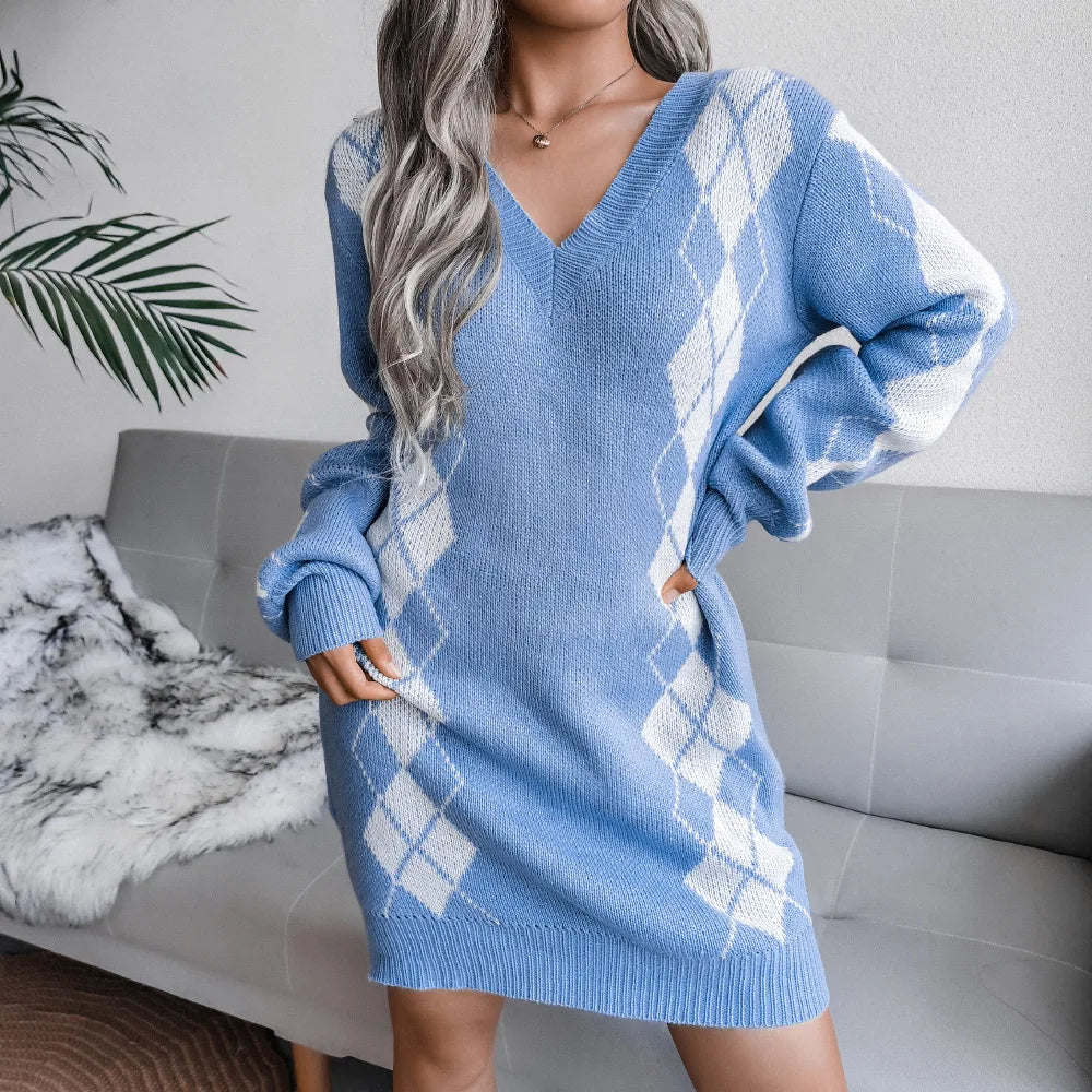 Knitted Beautiful Plaid V-Neck Long Sleeves Acrylic Dresses