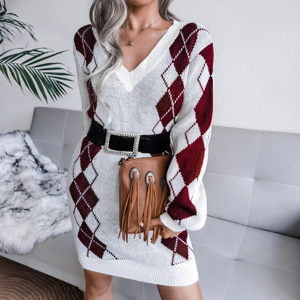 Knitted Beautiful Plaid V-Neck Long Sleeves Acrylic Dresses