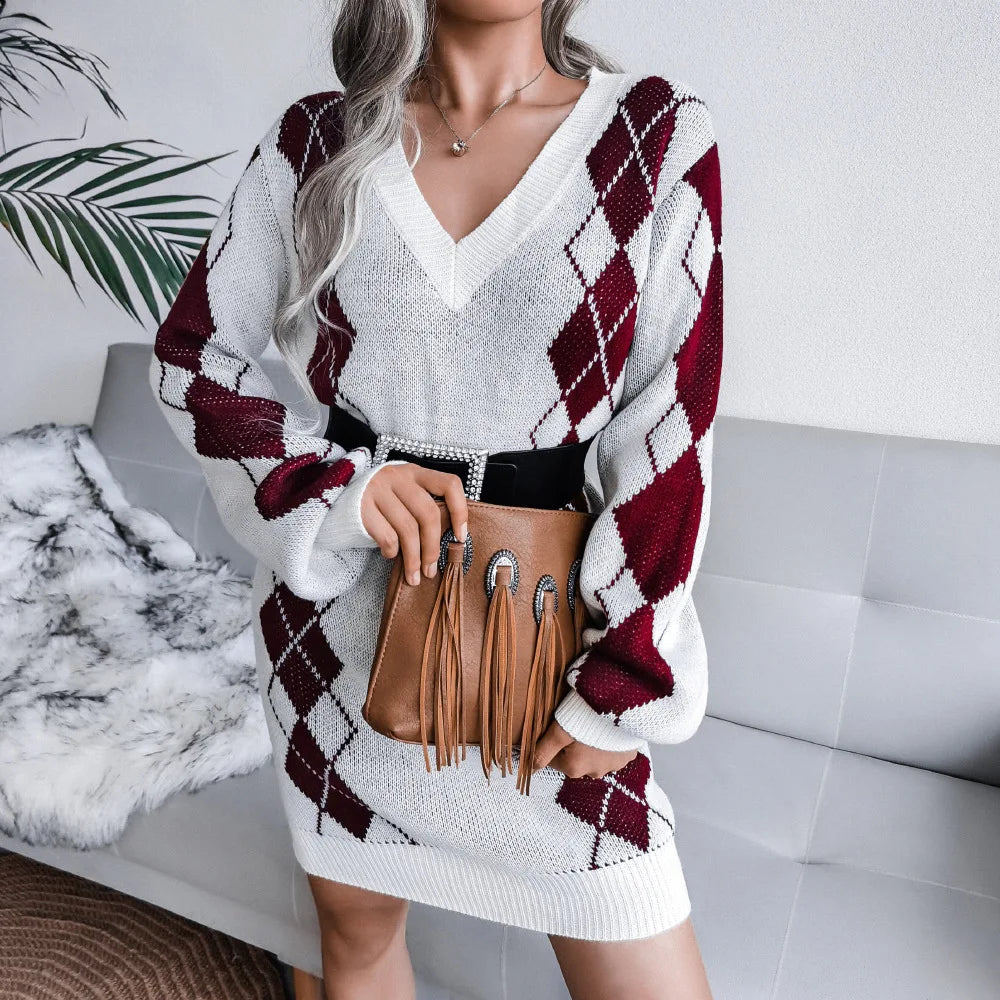 Knitted Beautiful Plaid V-Neck Long Sleeves Acrylic Dresses