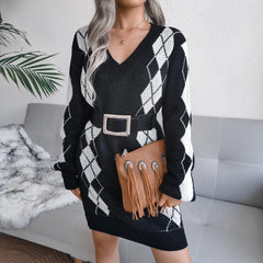 Knitted Beautiful Plaid V-Neck Long Sleeves Acrylic Dresses