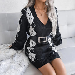 Knitted Beautiful Plaid V-Neck Long Sleeves Acrylic Dresses