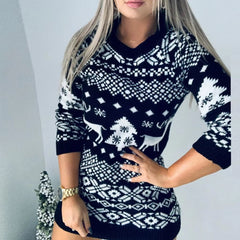Knitted Charming Printed Pattern Piping Jewel Neck Long Sleeves Stretch Christmas Sweater Dress