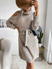 Knitted Dress For Women Beautiful Lace Up High Collar Long Sleeves Stretch Midi Dress