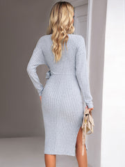 Knitted Beautiful Lace Up Long Sleeves Low-slit V-Neck Dresses