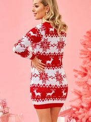 Knitted Dress Modern Christmas Pattern Acrylic Long Sleeves Jewel Neck Winter Dresses