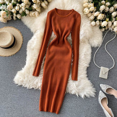 Knitted Long O Neck Long Sleeves Sweater Midi Dress