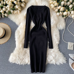 Knitted Long O Neck Long Sleeves Sweater Midi Dress