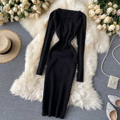 Knitted Long O Neck Long Sleeves Sweater Midi Dress