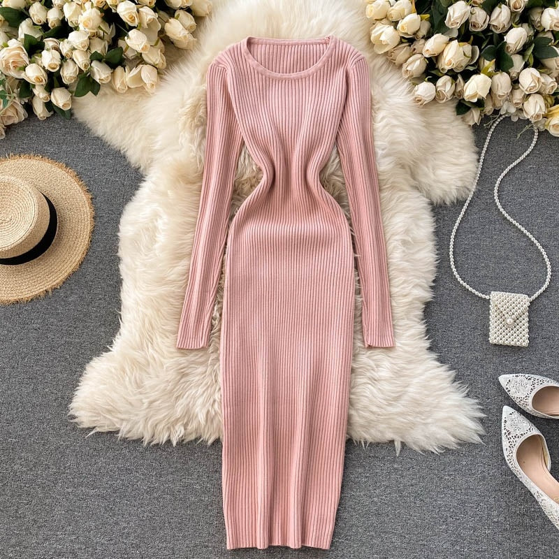 Knitted Long O Neck Long Sleeves Sweater Midi Dress