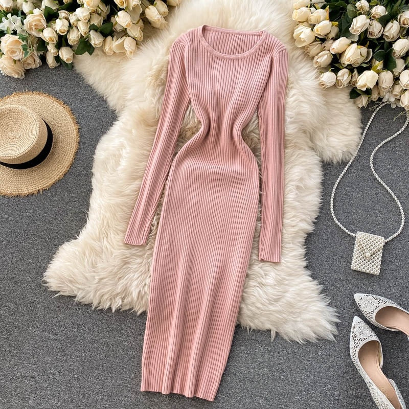 Knitted Long O Neck Long Sleeves Sweater Midi Dress