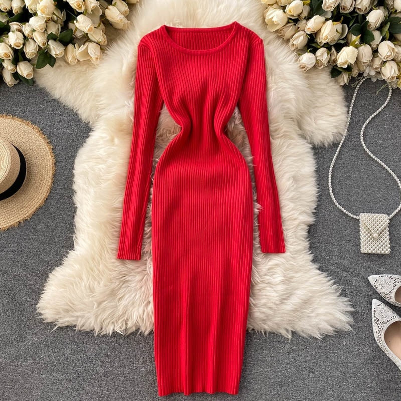 Knitted Long O Neck Long Sleeves Sweater Midi Dress