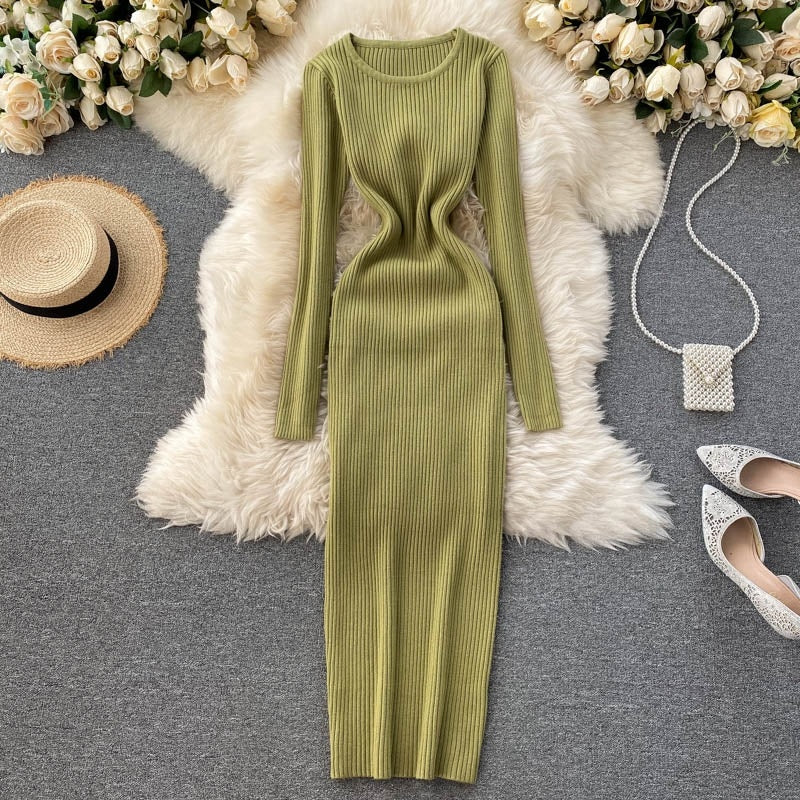 Knitted Long O Neck Long Sleeves Sweater Midi Dress