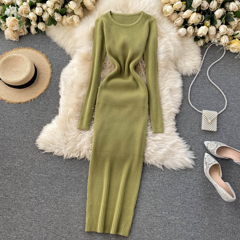 Knitted Long O Neck Long Sleeves Sweater Midi Dress