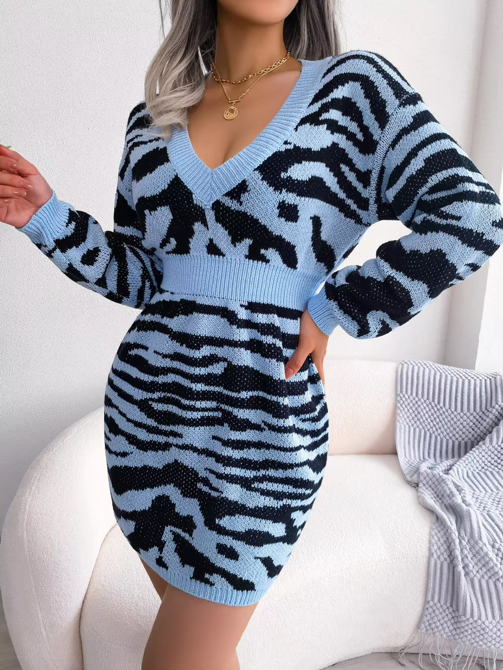 Knitted Pretty Long Sleeves V-Neck Sweater Dresses