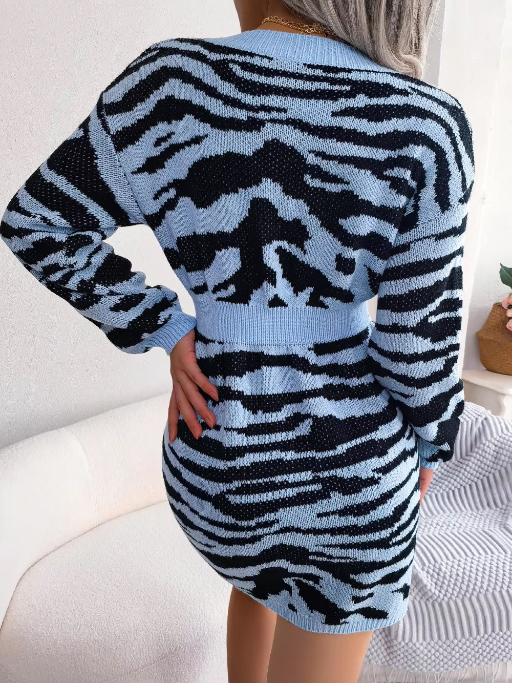 Knitted Pretty Long Sleeves V-Neck Sweater Dresses