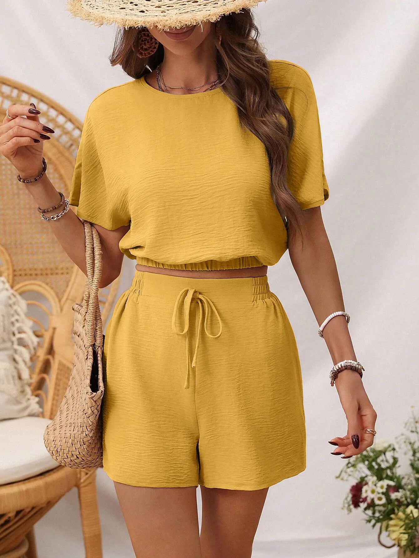 Knitted Ribbed Cargo Pocket Short Sleeve Birthday Clubwear Top Outfits Shorts