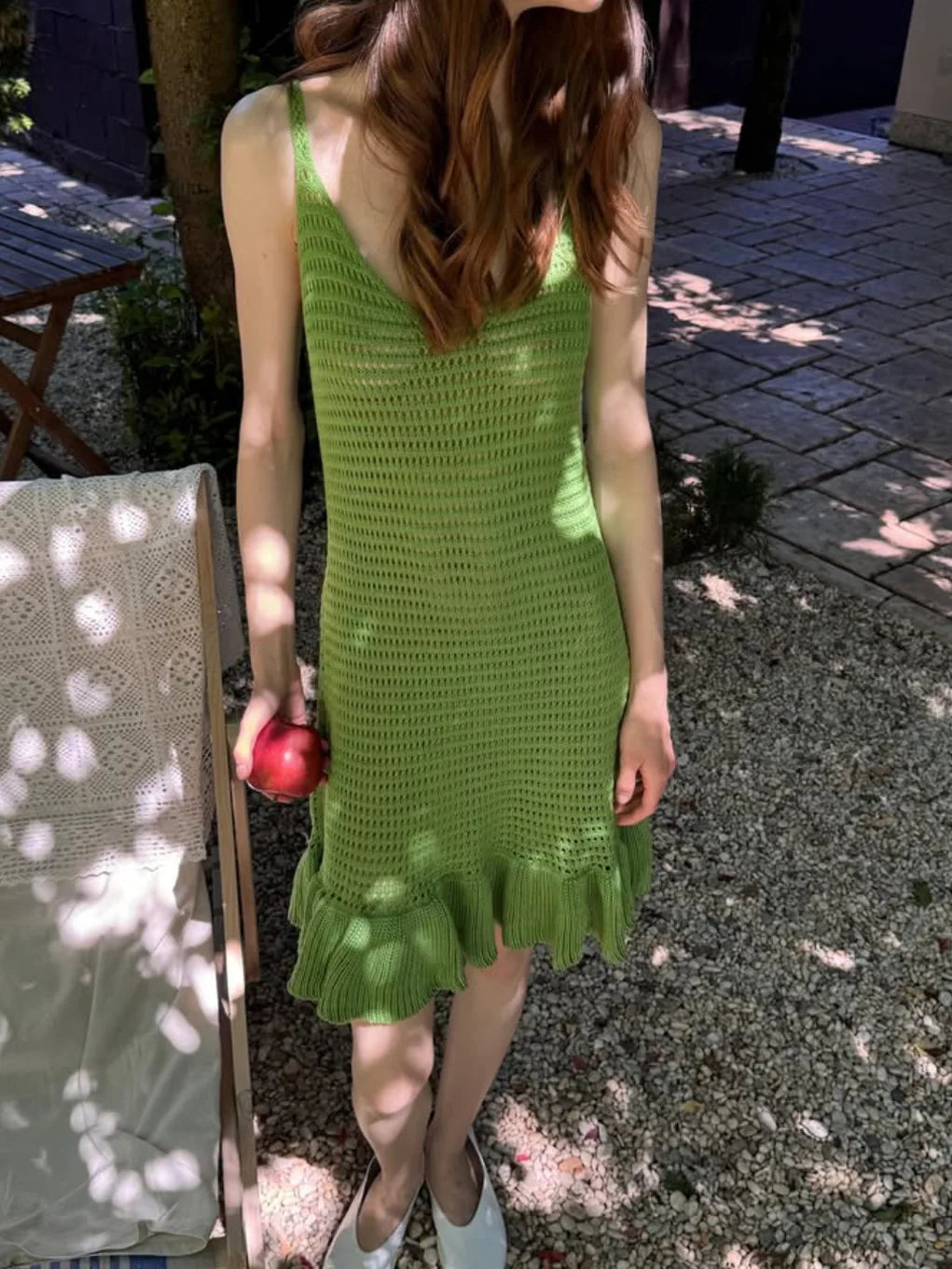 Knitted Ruffle Hollow Out Beach Style Holiday Sleeveless Halter Mini Dress