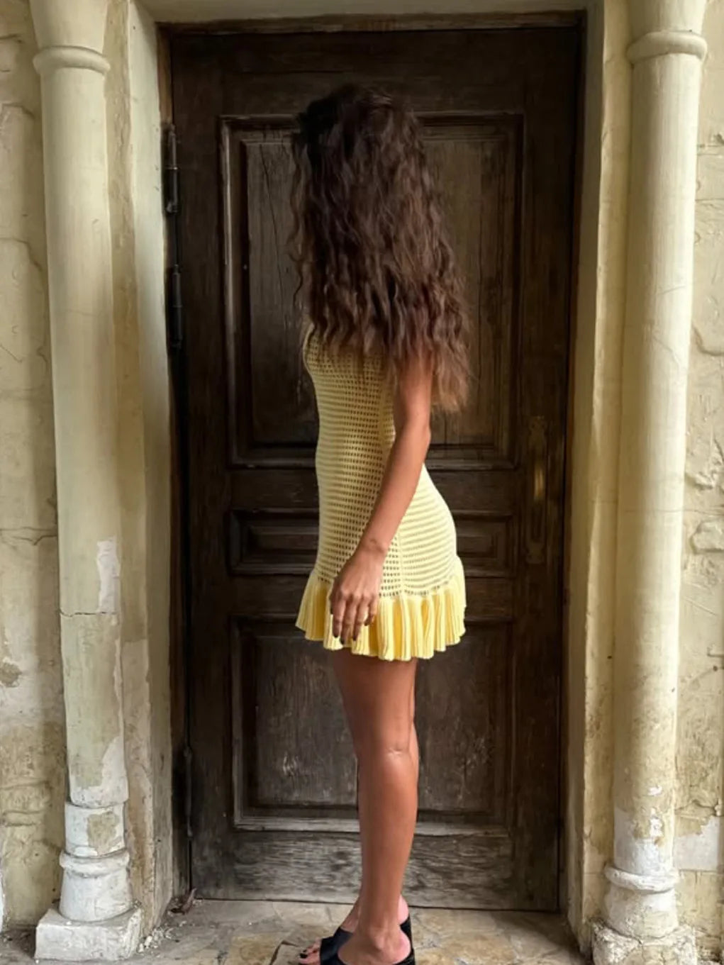 Knitted Ruffle Hollow Out Beach Style Holiday Sleeveless Halter Mini Dress