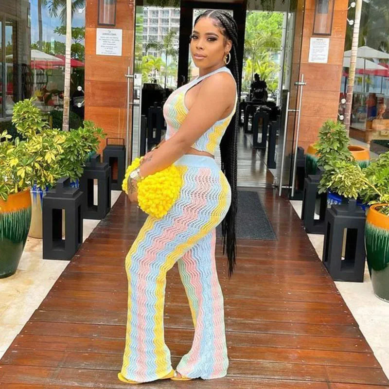 Knitted Striped Beach Vacation Sleeveless Crop Top and Flare Pants Matching Sets